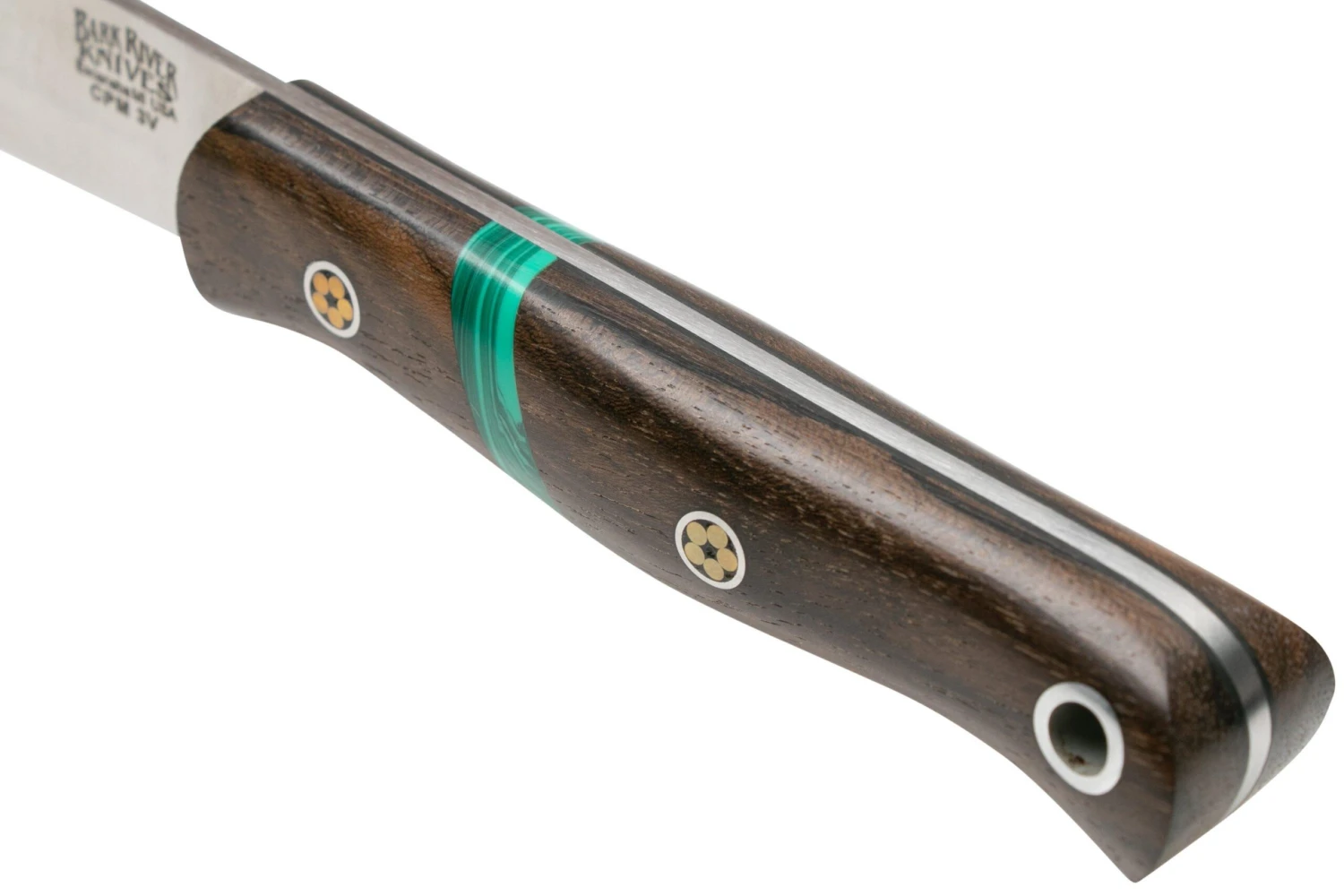 Bark River Ultra-Lite Bushcrafter CPM 3V Zericote, Jade Malachite Spacer, Black Liners, Mosaic Pins 8 Bark River Ultra-Lite Bushcrafter CPM 3V Zericote, Jade Malachite Spacer, Black Liners, Mosaic Pins – Image 6