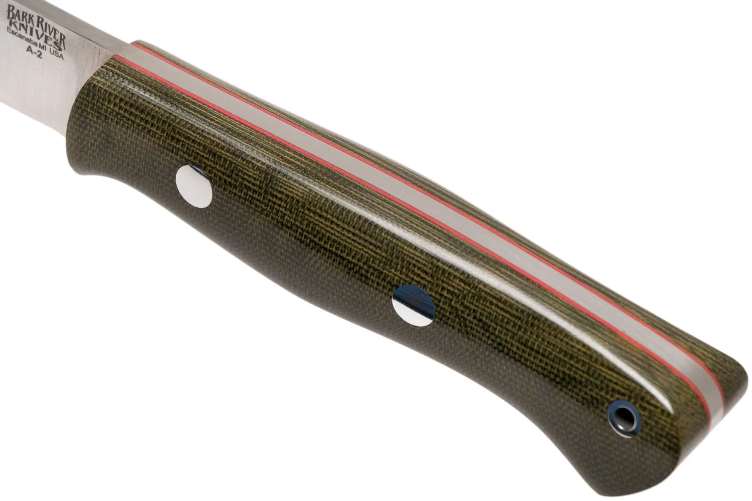 Bark River Aurora A2 Green Canvas Micarta Red Liner, Couteau Bushcraft 7 Bark River Aurora A2 Green Canvas Micarta Red Liner, Couteau Bushcraft – Image 5