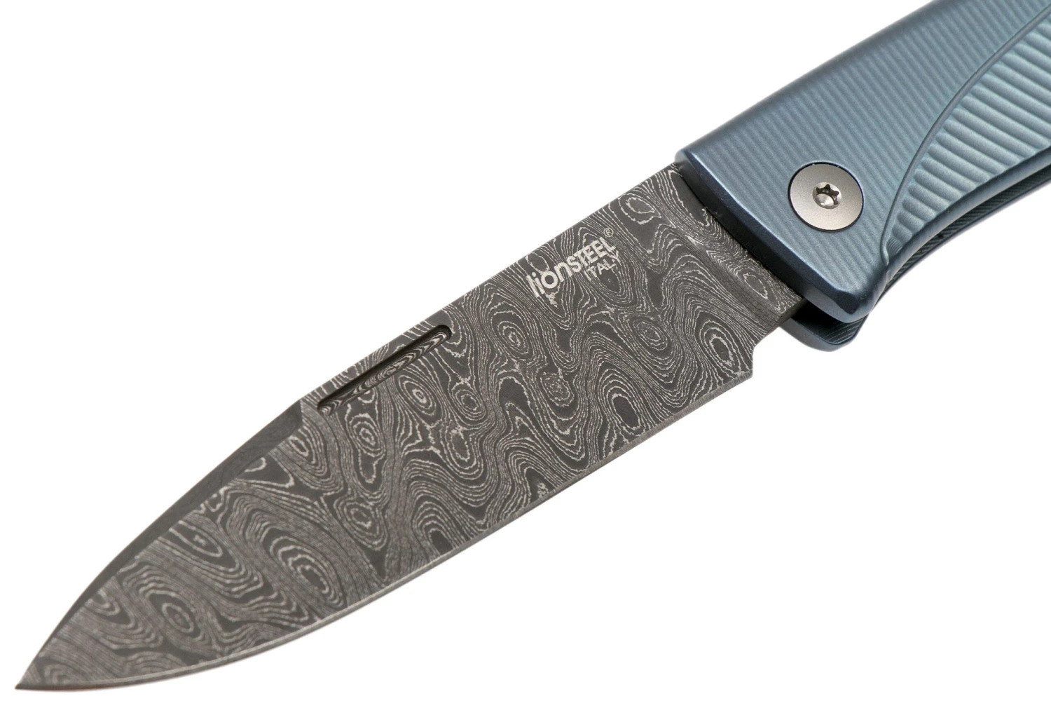 LionSteel Thrill TL-D-BL Damascus, Blue Titanium Integral Slipjoint Couteau De Poche 5 LionSteel Thrill TL-D-BL Damascus, Blue Titanium Integral Slipjoint Couteau De Poche – Image 3