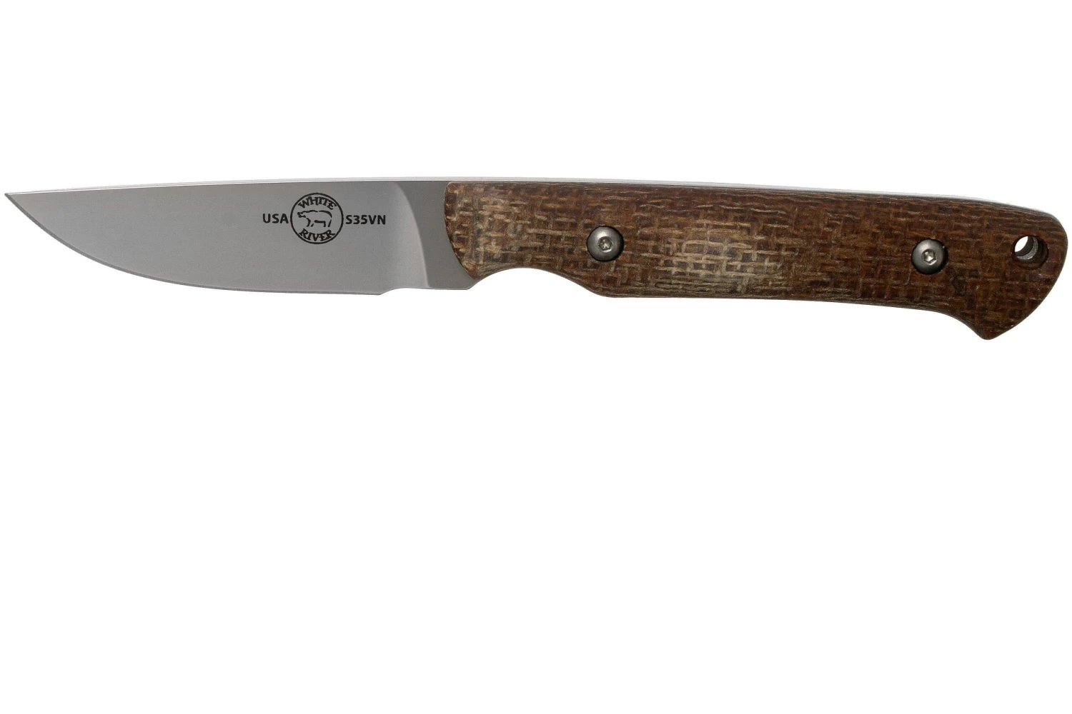 White River Knives Small Game Knife Natural Burlap Micarta Couteau De Chasse, Owen Baker Jr. Design 3 White River Knives Small Game Knife Natural Burlap Micarta Couteau De Chasse, Owen Baker Jr. Design